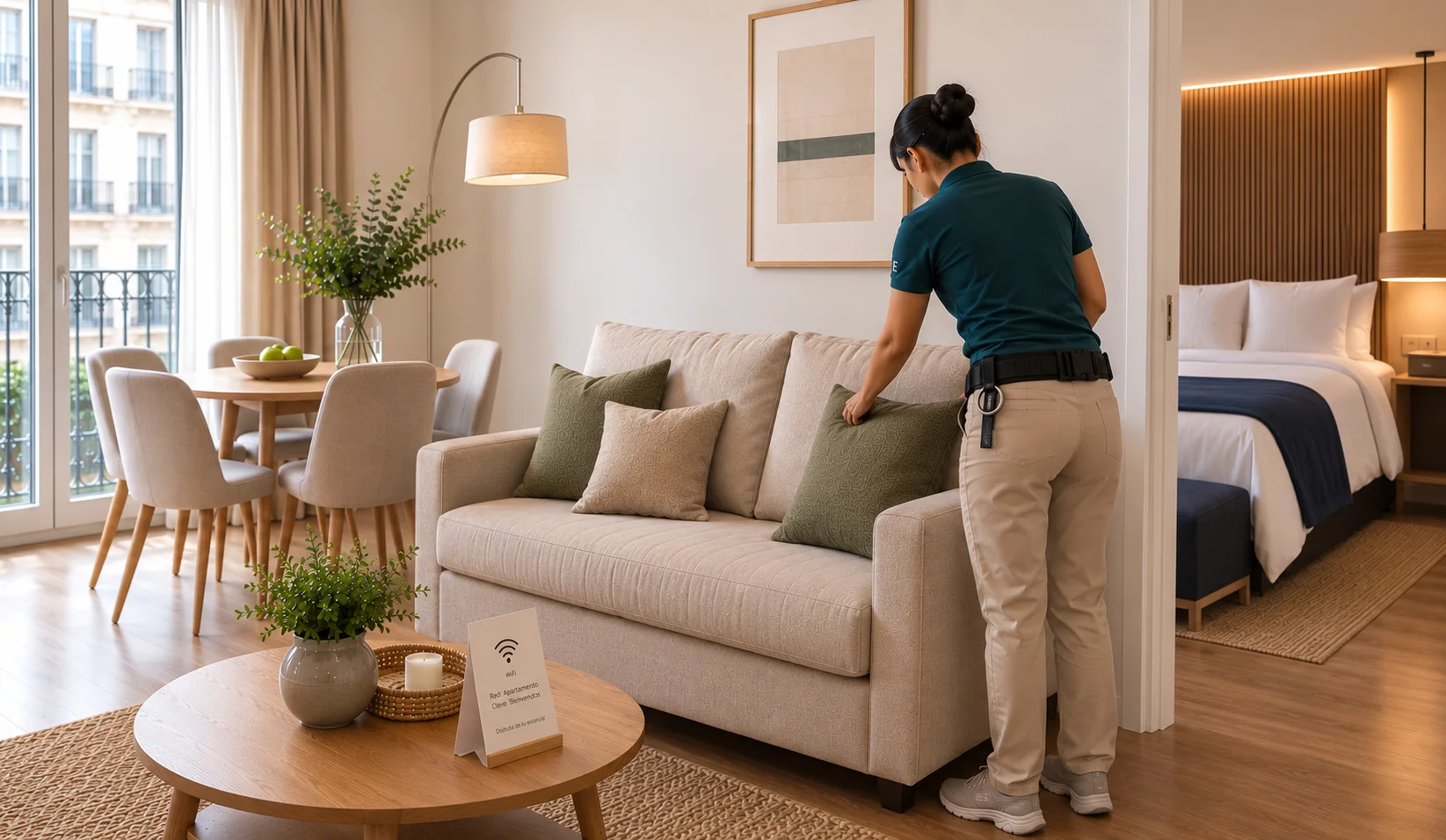Profesional de Edira preparando el salón de un apartamento turístico en Málaga